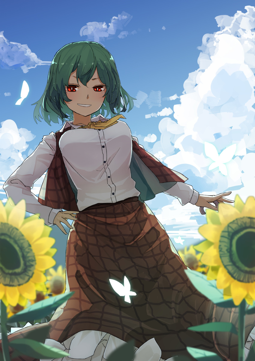 1girl ascot bangs breasts bug butterfly collared_shirt commentary_request cumulonimbus_cloud field flower flower_field frilled_skirt frills from_below futatsuki_eru garden_of_the_sun green_hair hair_between_eyes highres insect kazami_yuuka large_breasts leaf long_skirt long_sleeves open_clothes open_vest plaid plaid_skirt plaid_vest red_eyes red_skirt red_vest shirt short_hair single_bang skirt skirt_set sky smile solo sunflower sweat teeth touhou vest wavy_hair white_shirt yellow_neckwear