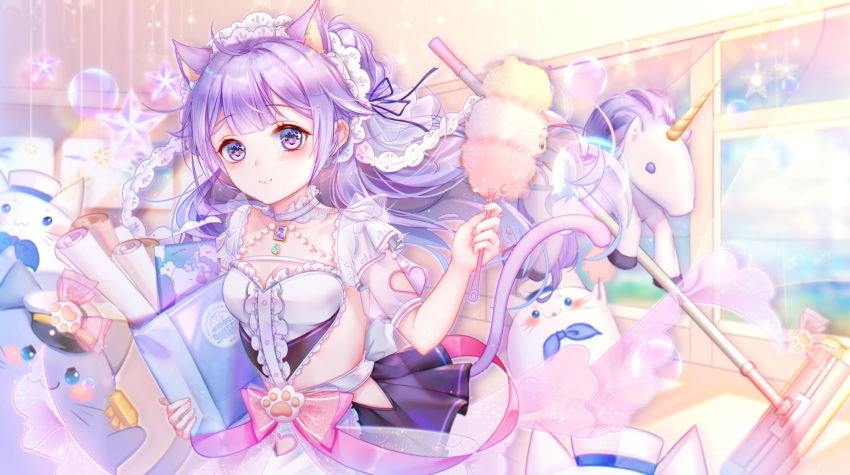 1girl absurdres alternate_costume animal animal_ear_fluff animal_ears apron azur_lane bag black_ribbon black_skirt blue_sky blush breasts cat cat_ears cat_girl cat_tail center_frills closed_mouth clouds cloudy_sky collarbone commentary_request curtains day duster enmaided fingernails frilled_apron frills hair_ribbon hand_up hat highres holding holding_duster indoors irisrey kemonomimi_mode long_hair maid meowficer_(azur_lane) paper_bag peaked_cap pleated_skirt puffy_short_sleeves puffy_sleeves purple_hair ribbon sailor_hat see-through see-through_sleeves short_sleeves skirt sky small_breasts smile star stuffed_animal stuffed_toy stuffed_unicorn tail tail_raised transparent unicorn_(azur_lane) very_long_hair violet_eyes waist_apron white_apron white_hat window