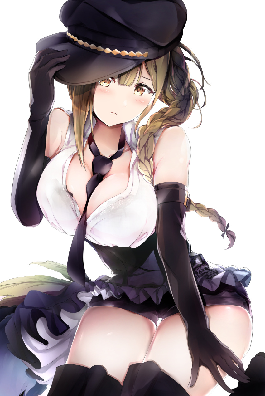 1girl absurdres ahoge bangs black_bow black_bra blush bow bra braid breasts brown_eyes brown_hair cleavage closed_mouth collarbone commentary_request elbow_gloves eyebrows_visible_through_hair gloves hair_between_eyes hair_over_shoulder hat highres idolmaster idolmaster_shiny_colors kuwayama_chiyuki large_breasts long_braid long_hair looking_at_viewer neofreet pout shirt simple_background single_braid solo underwear white_shirt