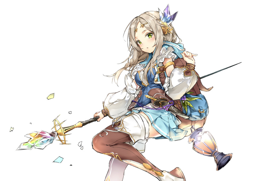 1girl atelier_(series) atelier_firis backpack bag blue_skirt blush boots brown_hair commentary_request detached_sleeves eyebrows_visible_through_hair firis_mistlud from_side green_eyes highres holding holding_staff kuran_(yourcatissick) lantern long_hair long_sleeves looking_at_viewer parted_lips pleated_skirt skirt solo staff thigh-highs thigh_boots white_background