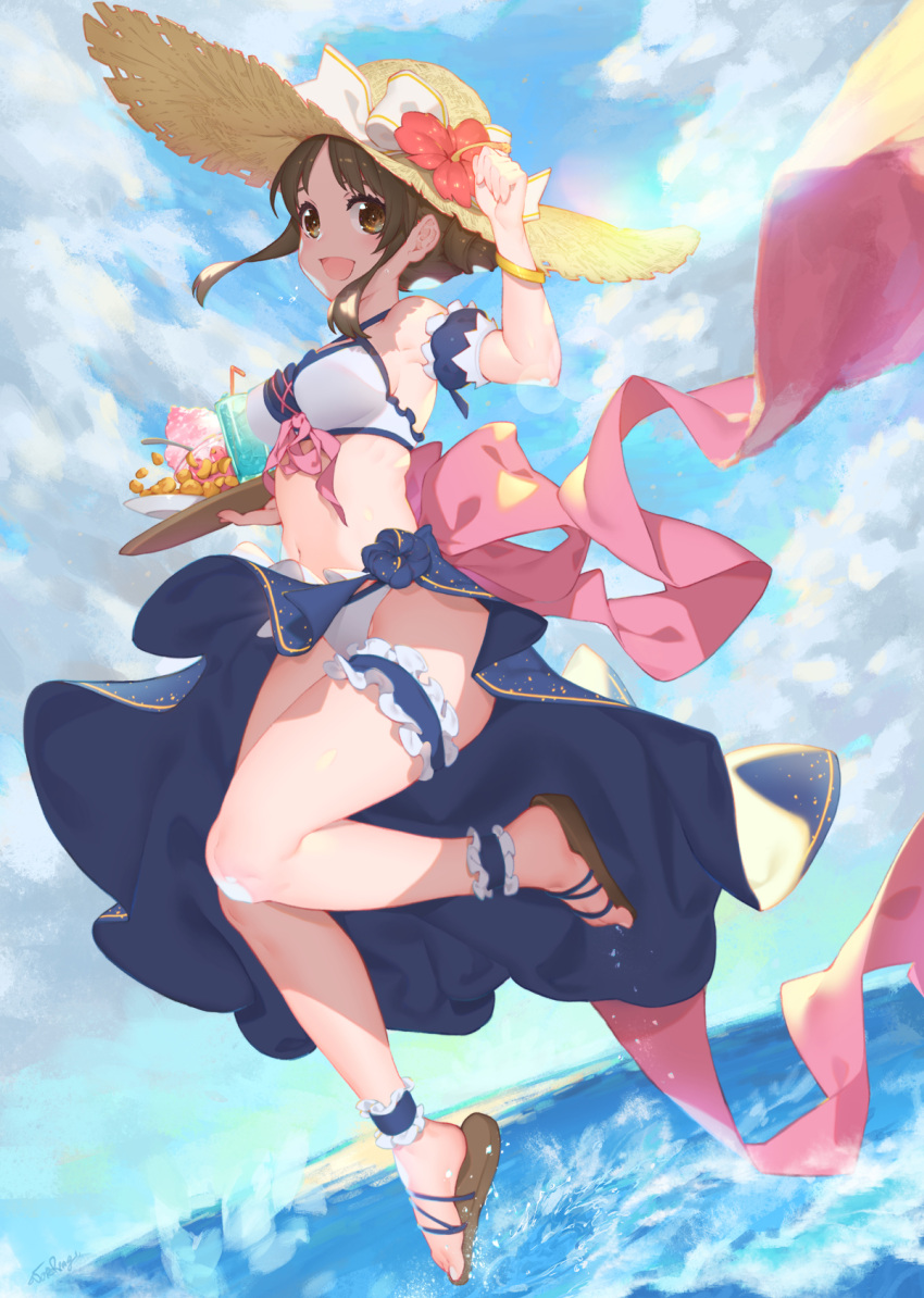 1girl :d amano_suzume ankle_garter arm_up armpits bangle bare_legs bikini blue_skirt blush bow bracelet breasts brown_eyes brown_hair clouds cloudy_sky commentary_request cup day detached_sleeves drink drinking_glass flower food frills hair_bun hat hat_bow hat_flower hibiscus highres holding holding_tray horizon ice ice_cream ice_cube jewelry jumping leg_garter long_hair medium_breasts navel ocean open_mouth outdoors pink_ribbon plate princess_connect!_re:dive puffy_short_sleeves puffy_sleeves ribbon sandals short_sleeves sidelocks signature skirt sky smile solo splashing spoon stomach straw_hat swimsuit tareme tray water waterring white_bikini white_bow