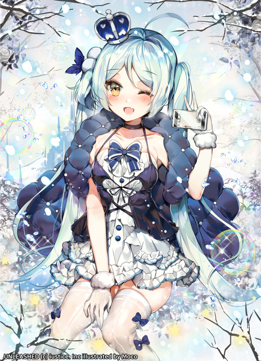 1girl ;d ahoge aqua_hair bangs bare_tree black_choker blush breasts brown_eyes bubble building cellphone choker collarbone crown dress eyebrows_visible_through_hair fang feet_out_of_frame frilled_dress frills gloves hair_bobbles hair_ornament halterneck hand_up highres holding holding_phone long_hair looking_at_viewer mini_crown official_art one_eye_closed onew open_mouth phone small_breasts smartphone smile snow solo sparkle thigh-highs tilted_headwear tree tree_branch twintails unleashed v very_long_hair watermark white_dress white_gloves white_legwear