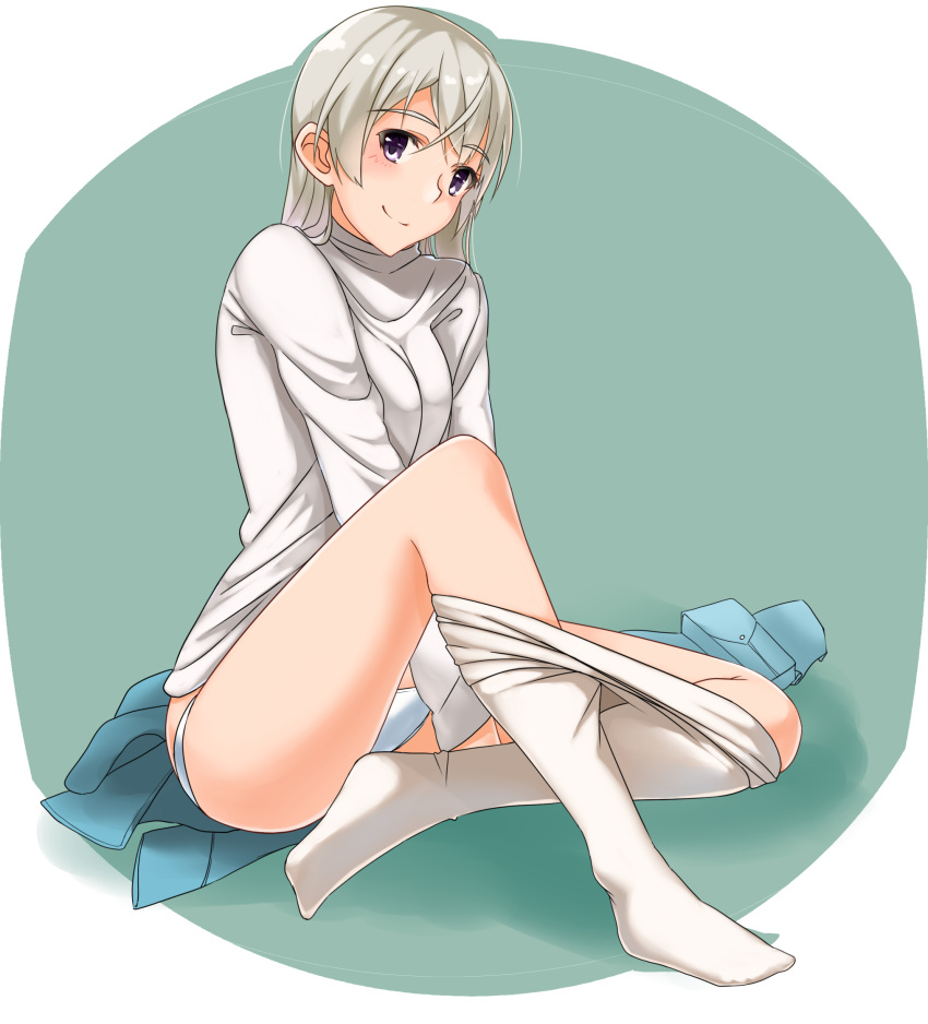 1girl blonde_hair eila_ilmatar_juutilainen highres hiroshi_(hunter-of-kct) long_hair looking_at_viewer panties pantyhose partially_undressed smile solo strike_witches sweater thighs underwear violet_eyes white_legwear white_panties world_witches_series
