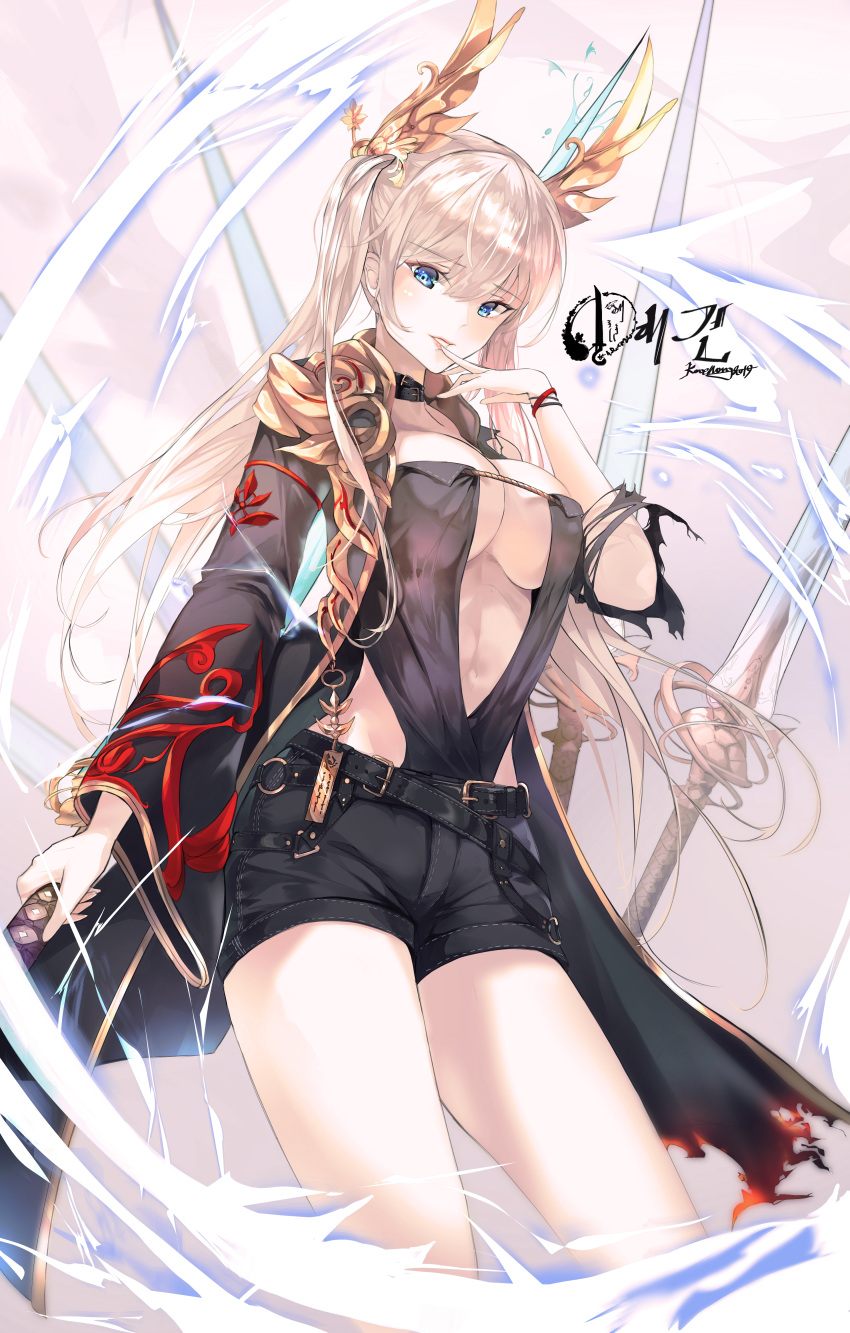 1girl absurdres bangs belt belt_buckle black_collar black_shorts blonde_hair blue_eyes blush breasts buckle cleavage collar collarbone cowboy_shot eyebrows_visible_through_hair groin hair_between_eyes hand_to_own_mouth headgear highres holding holding_sword holding_weapon huge_filesize kooemong large_breasts looking_at_viewer makeup mascara midriff navel original parted_lips pink_lips short_shorts shorts solo standing sword twintails under_boob weapon wrist_straps