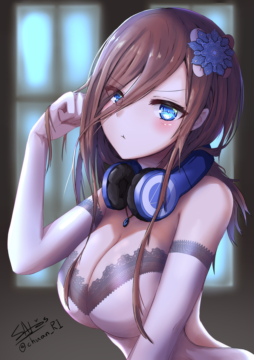 1girl :t absurdres bare_shoulders blue_eyes blurry blurry_background blush breasts brown_hair cleavage closed_mouth commentary_request eyebrows_visible_through_hair eyes_visible_through_hair gloves go-toubun_no_hanayome hair_ornament hair_over_one_eye hand_in_hair hand_up headphones headphones_around_neck highres ichikawayan jewelry lace_trim large_breasts long_hair looking_at_viewer nakano_miku necklace pendant signature solo strapless twitter_username underwear underwear_only upper_body v-shaped_eyebrows white_gloves window