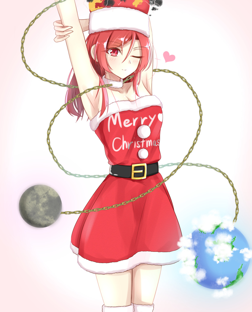 1girl alternate_costume arm_behind_head arm_up armpits bare_shoulders blush chains choker christmas dress earth eyebrows_visible_through_hair fur-trimmed_dress fur_choker hair_between_eyes hat heart hecatia_lapislazuli highres light_smile looking_at_viewer medium_hair merry_christmas moon musteflott419 one_eye_closed planet polos_crown red_eyes redhead solo strapless strapless_dress thigh-highs touhou white_background white_choker white_hat