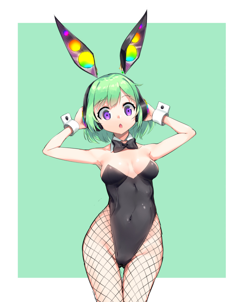 1girl animal_ears aqua_background black_leotard black_neckwear bow bowtie breasts bunny_ear_headphones bunny_girl bunnysuit chestnut_mouth covered_navel cowboy_shot detached_collar fishnet_pantyhose fishnets green_hair hands_on_headphones headphones highres leotard looking_at_viewer original overlord_(overlord80000) pantyhose rabbit_ears short_hair simple_background small_breasts solo standing strapless strapless_leotard violet_eyes wrist_cuffs