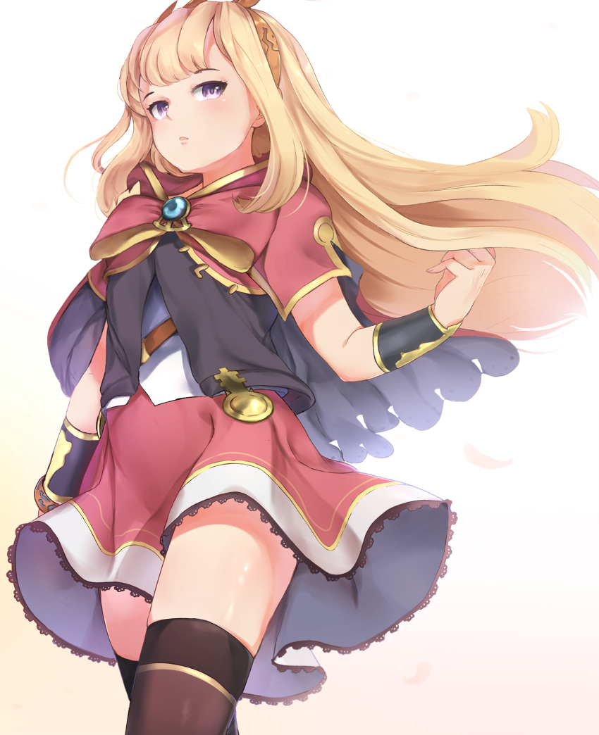 1girl black_legwear blonde_hair bow bracelet bracer breasts cagliostro_(granblue_fantasy) cape dress granblue_fantasy headpiece highres jewelry long_hair looking_at_viewer petals pink_bow pink_cape pink_dress sidelocks simple_background skirt small_breasts solo somray standing thigh-highs violet_eyes white_background