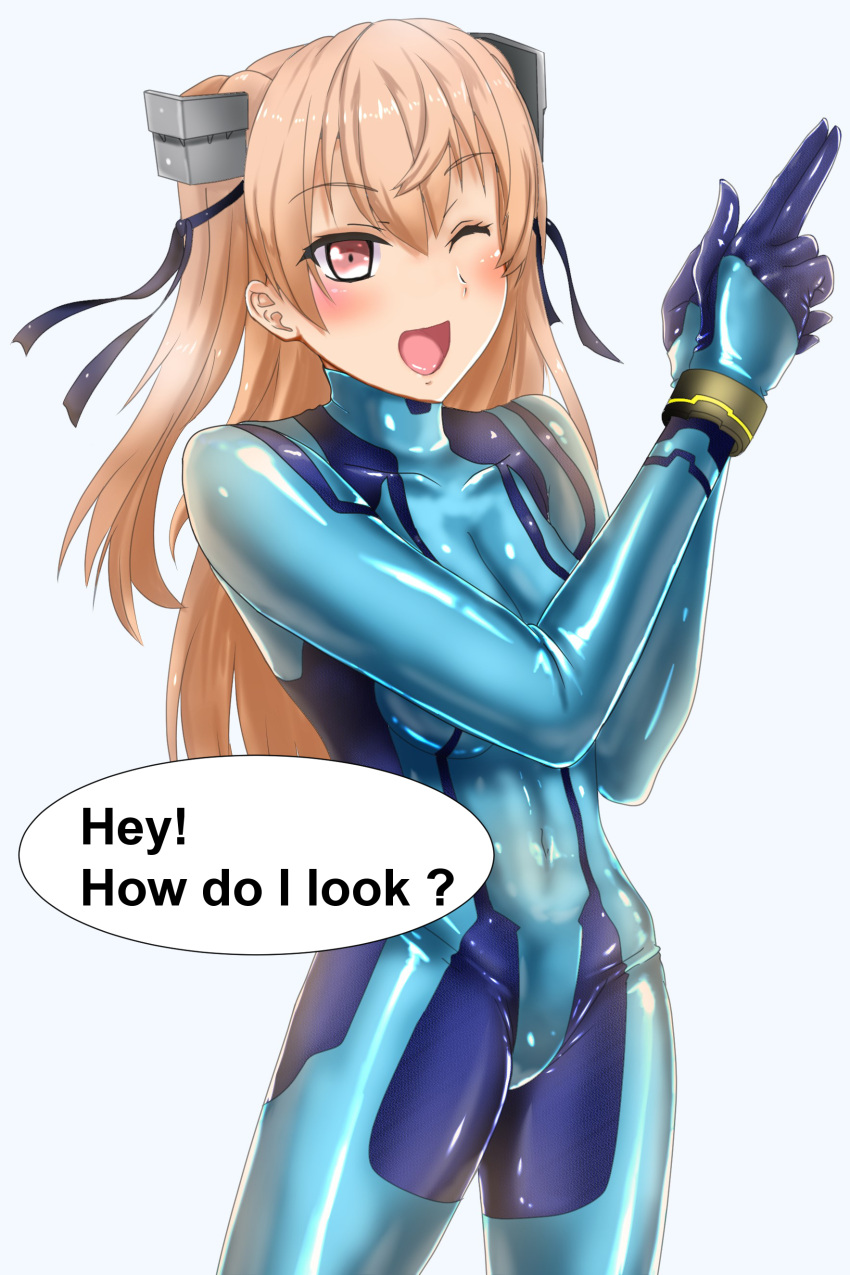 1girl ;d absurdres alternate_costume bodysuit breasts brown_eyes commentary_request cosplay cowboy_shot finger_gun highres johnston_(kantai_collection) kantai_collection latex light_brown_hair long_hair looking_at_viewer medium_breasts metroid nintendo one_eye_closed open_mouth parazan_d samus_aran samus_aran_(cosplay) simple_background skin_tight smile solo standing twintails white_background zero_suit