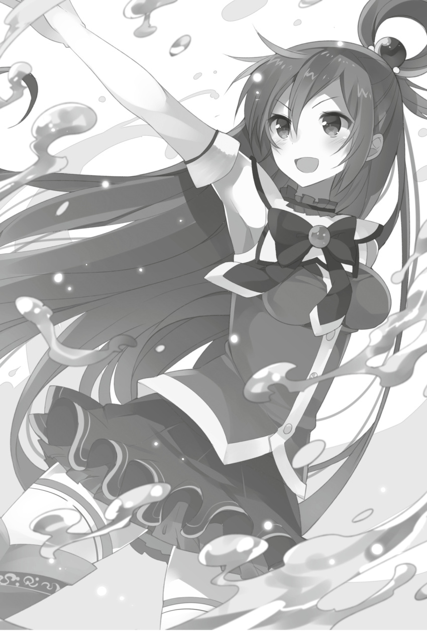 1girl :d aqua_(konosuba) arm_up armpits boots bow bowtie breasts choker cowboy_shot elbow_gloves floating_hair gloves greyscale hair_between_eyes highres kono_subarashii_sekai_ni_shukufuku_wo! long_hair medium_breasts miniskirt mishima_kurone monochrome novel_illustration official_art open_mouth skirt smile solo standing thigh-highs thigh_boots tied_hair v-shaped_eyebrows very_long_hair water