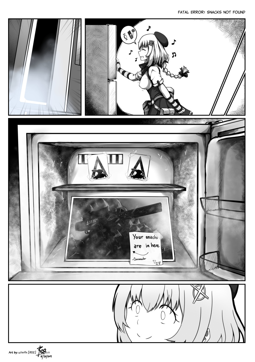 1girl 4koma absurdres arm_warmers artist_name beret bouncing_breasts breasts closed_eyes comic commentary dated empty_eyes english_text fn_fnc_(girls_frontline) girls_frontline grin hair_ornament hair_ribbon hairclip hat highres long_braid long_hair monochrome photo_(object) refrigerator ribbon scarf signature smile solo