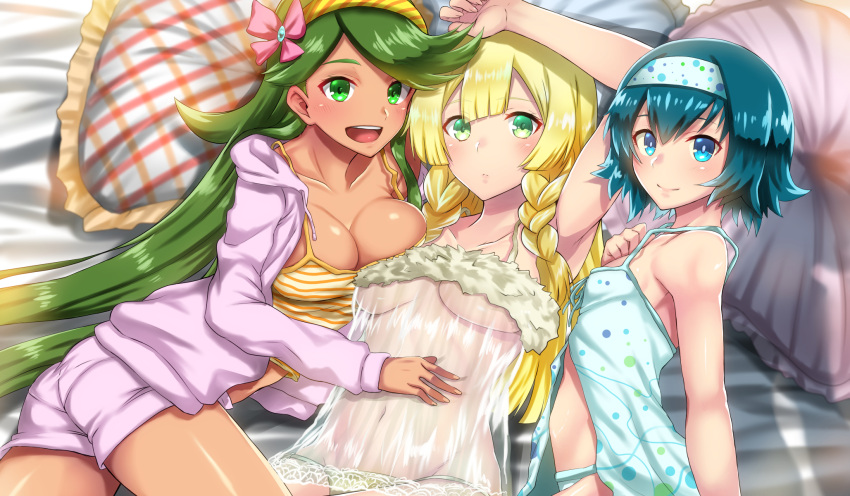 3girls :d arched_back arm_up armpits babydoll bangs bare_legs bare_shoulders blonde_hair blue_eyes blue_hair braid breast_press breasts bright_pupils camisole cleavage closed_mouth collarbone creatures_(company) dark_skin game_freak green_eyes green_hair hairband hand_on_another's_stomach hand_on_own_chest hand_up highres hood hood_down hoodie lillie_(pokemon) long_hair long_sleeves looking_at_viewer lying mallow_(pokemon) medium_breasts multiple_girls nintendo on_back on_side open_clothes open_hoodie open_mouth out_of_frame panties pillow pokemon pokemon_(game) pokemon_sm see-through short_hair shorts side-by-side side_braid small_breasts smile suiren_(pokemon) swept_bangs takecha trial_captain twin_braids twisted_torso underwear upper_body upper_teeth very_long_hair