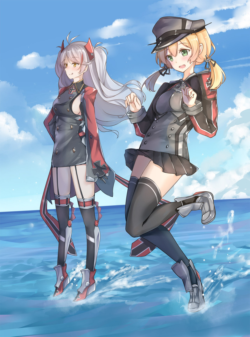 2girls :d :q antenna_hair azur_lane bangs black_dress black_gloves black_hat black_legwear black_shirt black_skirt blonde_hair blue_sky blush breasts buttons clouds cloudy_sky commentary crossover dress floating_hair garter_straps gloves green_eyes grey_footwear hair_ornament hands_up hat highres horizon kantai_collection leg_up long_hair long_sleeves looking_at_viewer low_twintails medium_breasts military_hat miniskirt multicolored_hair multiple_girls namesake ocean open_mouth outdoors peaked_cap pleated_skirt prinz_eugen_(azur_lane) prinz_eugen_(kantai_collection) redhead scarlet_dango shirt shoes sideboob sidelocks silver_hair skirt sky sleeves_past_wrists smile standing standing_on_one_leg streaked_hair thigh-highs tongue tongue_out twintails two_side_up water yellow_eyes