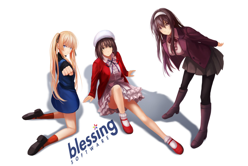 3girls bent_over black_footwear black_legwear black_ribbon black_shirt blazer blonde_hair blue_dress blue_eyes boots breasts brown_hair clenched_hand dress frilled_legwear grey_shirt grey_skirt hair_ribbon hairband highres jacket kasumigaoka_utaha katou_megumi knee_boots large_breasts long_hair long_sleeves looking_at_viewer mary_janes miniskirt multiple_girls neck_ribbon open_blazer open_clothes open_jacket outstretched_arm pantyhose pinafore_dress pleated_skirt purple_footwear purple_jacket red_footwear red_jacket red_legwear redpoke ribbon saenai_heroine_no_sodatekata sawamura_spencer_eriri shirt shoes short_dress short_hair simple_background sitting skirt socks standing twintails white_background white_dress white_hair white_hairband white_legwear