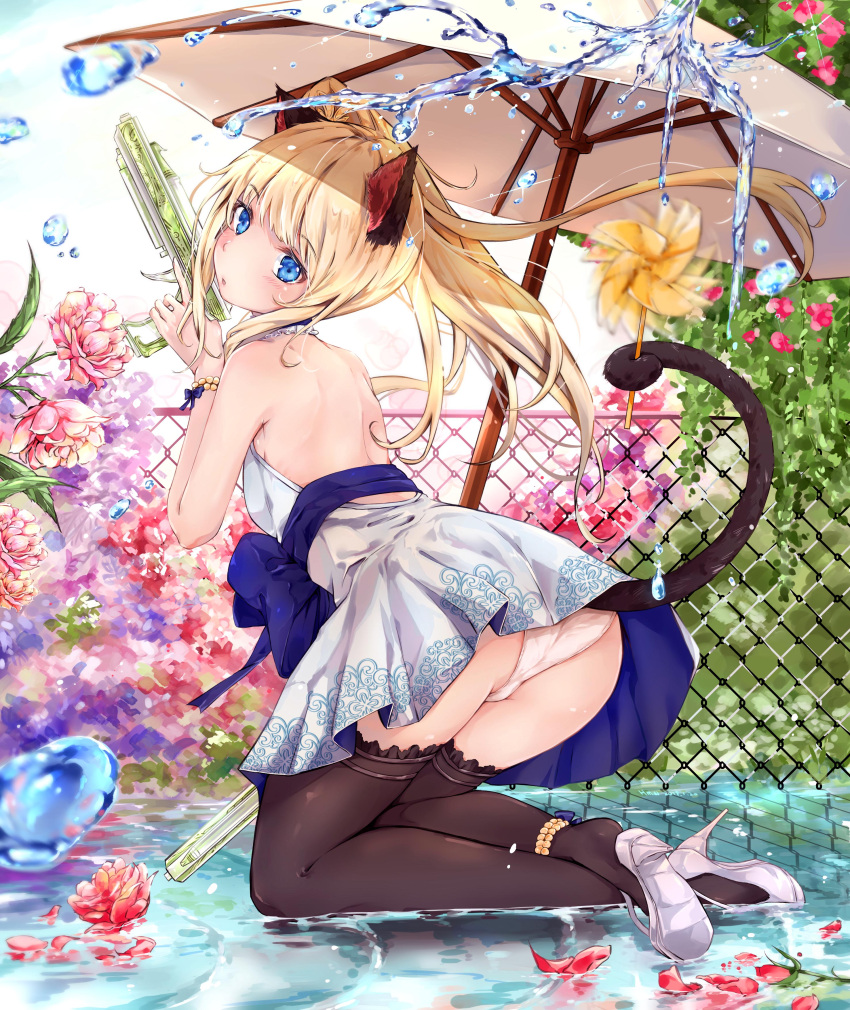 1girl absurdres animal_ears anklet ass backless_dress backless_outfit bare_shoulders bead_bracelet beads black_legwear blade_&amp;_soul blue_bow blue_choker blue_eyes bow bracelet cat_tail chain-link_fence choker commission crossed_ankles day dress fence flower gun high_heels highres hmw_(pixiv7054584) holding holding_gun holding_pinwheel holding_weapon jewelry kneeling_on_water long_hair outdoors pants petals pinwheel reflection side_ponytail tail tail_hold thigh-highs umbrella very_long_hair water weapon white_dress white_footwear white_pants white_sky white_umbrella