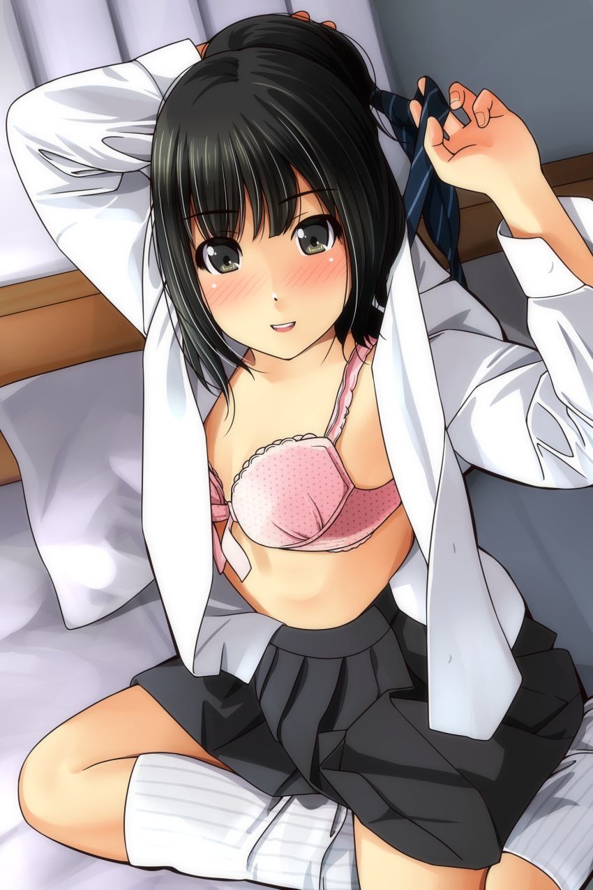 1girl :d absurdres arms_up bangs black_hair black_skirt blush bow bow_bra bra brown_eyes dress_shirt dressing eyebrows_visible_through_hair fingernails from_above highres kneehighs looking_at_viewer looking_up loose_socks matsunaga_kouyou nose_blush on_bed open_clothes open_mouth open_shirt original pillow pink_bra pleated_skirt polka_dot polka_dot_bra round_teeth shirt skirt smile solo striped striped_legwear teeth underwear upper_teeth vertical-striped_legwear vertical_stripes white_legwear white_shirt