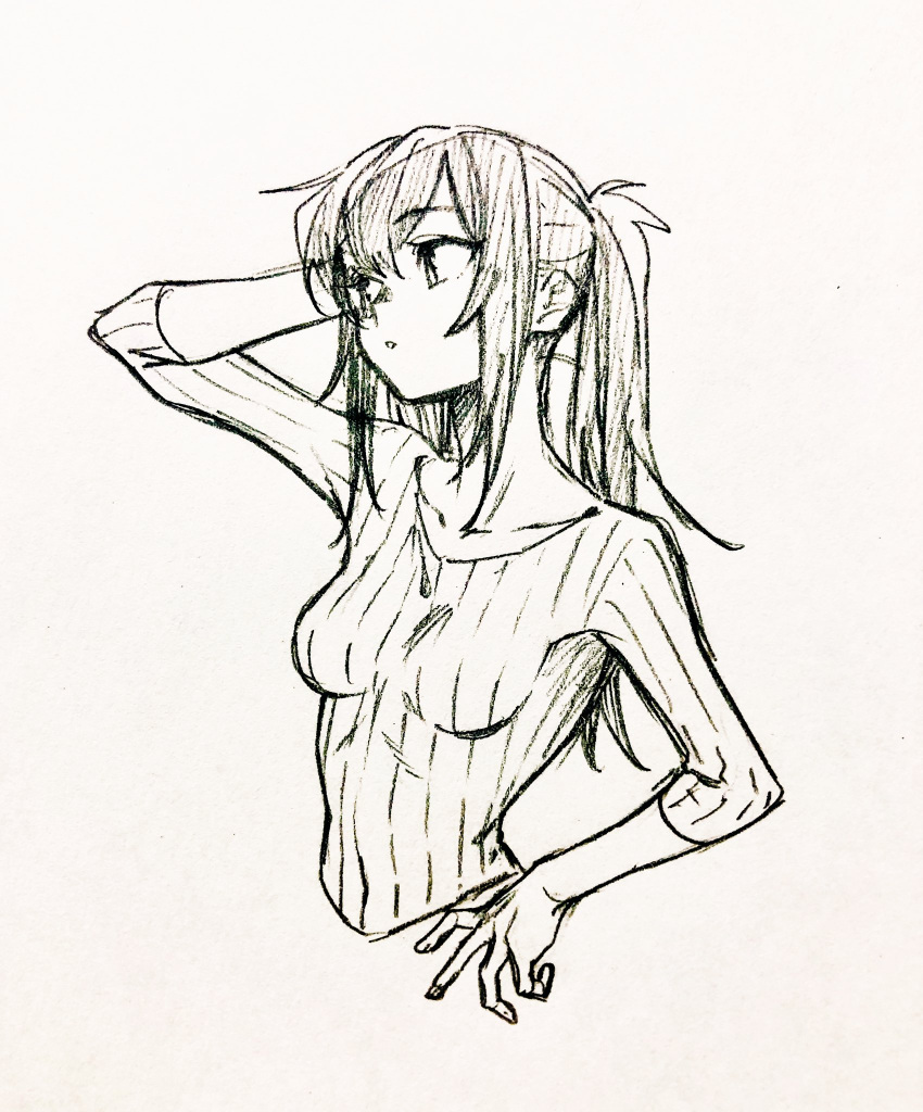 1girl arm_up breasts covered_navel cropped_torso eyebrows_visible_through_hair greyscale hand_on_hip highres itou_(very_ito) long_hair looking_away monochrome original parted_lips ponytail ribbed_shirt shirt sidelocks small_breasts solo traditional_media