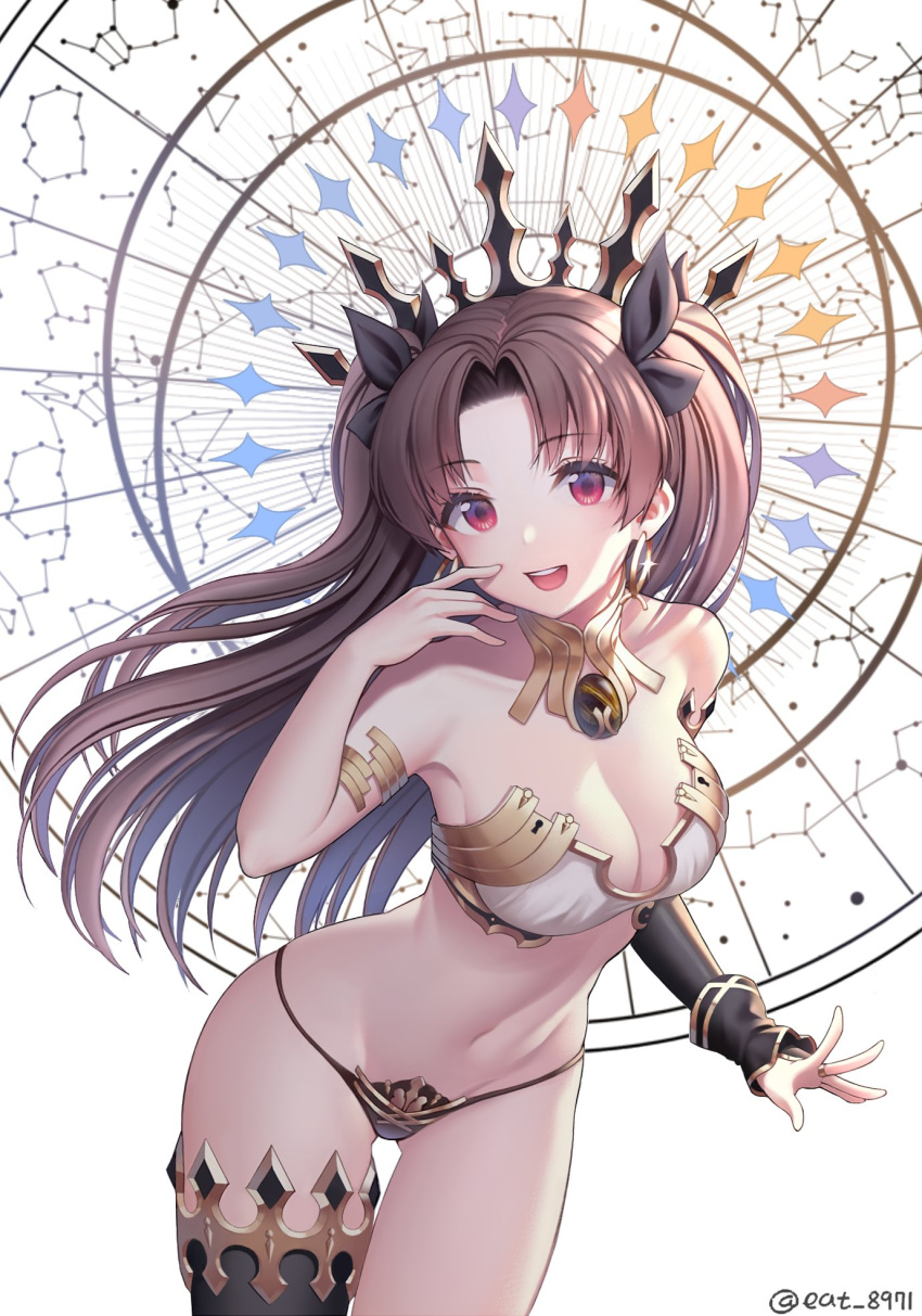 1girl :d anklet asymmetrical_legwear asymmetrical_sleeves bangs bare_shoulders black_hair blush breasts bridal_gauntlets choker crown detached_collar earrings eat_8971 elbow_gloves fate/grand_order fate_(series) glint gloves hair_ribbon hand_up highres hoop_earrings ishtar_(fate/grand_order) jewelry long_hair looking_at_viewer medium_breasts navel open_mouth parted_bangs red_eyes ribbon single_elbow_glove single_thighhigh smile solo stomach thigh-highs twitter_username two_side_up