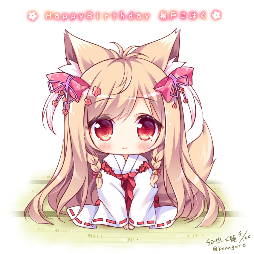 1girl animal_ear_fluff animal_ears bell blush bow braid character_name chibi closed_mouth commentary_request flower hair_bell hair_bow hair_flower hair_ornament hair_ribbon hakama happy_birthday highres japanese_clothes jingle_bell kimono light_brown_hair long_hair long_sleeves looking_at_viewer miko mito_kohaku pink_bow pink_ribbon red_eyes red_flower red_hakama ribbon ribbon-trimmed_sleeves ribbon_trim ryuuka_sane side_braids signature smile solo tatami tayutama_2 twin_braids twitter_username two_side_up very_long_hair white_background white_kimono wide_sleeves