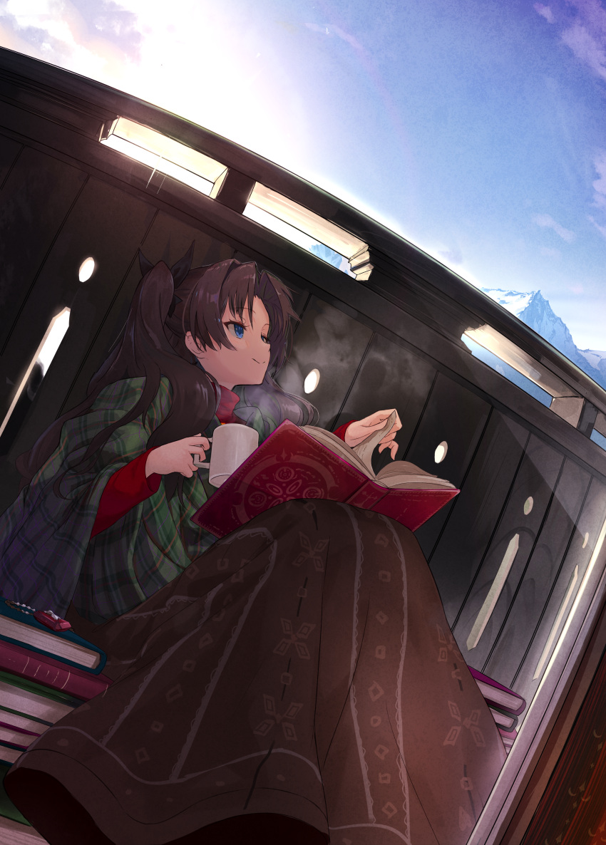 1girl absurdres black_ribbon blanket bloom blue_eyes blue_sky book book_stack brown_hair closed_mouth coffee_mug comfy commentary_request cup day dutch_angle fate/stay_night fate_(series) hair_ribbon highres holding holding_cup huge_filesize long_sleeves looking_away miruto_netsuki mountain mug open_book outdoors plaid ribbon sitting sky sleeves_past_wrists smile steam sun sunlight tohsaka_rin two_side_up