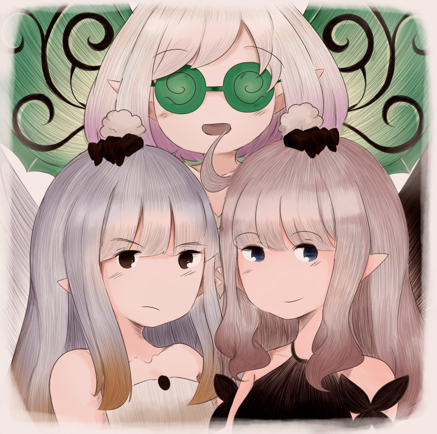 3girls aerie_(bravely_default) ahoge anne_(bravely_second) bare_shoulders black_gloves black_leotard blue_eyes bravely_default:_fairy's_effect bravely_default:_flying_fairy bravely_default_(series) bravely_second:_end_layer brown_eyes brown_hair dress face fairy fairy_wings generacja glasses gloves hand_on_another's_head highres leotard long_hair multiple_girls open_mouth pointy_ears rinne_(bravely_default) short_hair silver_hair sketch smile strapless strapless_dress upper_body white_dress wings