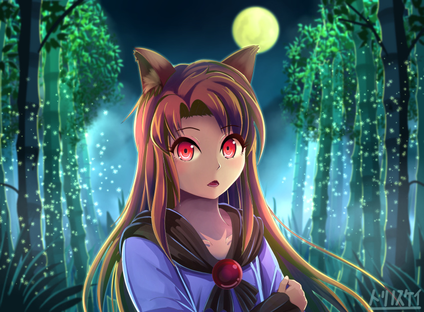 1girl animal_ear_fluff animal_ears arm_holding arm_up artist_name bamboo bamboo_forest bangs blue_dress brooch brown_hair chestnut_mouth collarbone commentary_request dress eyebrows_visible_through_hair fangs fireflies forest full_moon highres imaizumi_kagerou jewelry long_hair looking_at_viewer lower_teeth moon nature night open_mouth outdoors red_eyes shawl solo swept_bangs torinosuke touhou upper_body wolf_ears