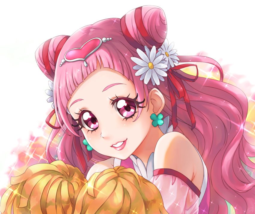 1girl chocokin cure_yell double_bun earrings floating_hair flower hair_flower hair_ornament hair_ribbon heart heart_hair_ornament hugtto!_precure jewelry long_hair looking_at_viewer nono_hana pink_eyes pink_hair pom_poms portrait precure red_ribbon ribbon see-through shiny shiny_hair shoulder_cutout solo sparkle very_long_hair white_background white_flower