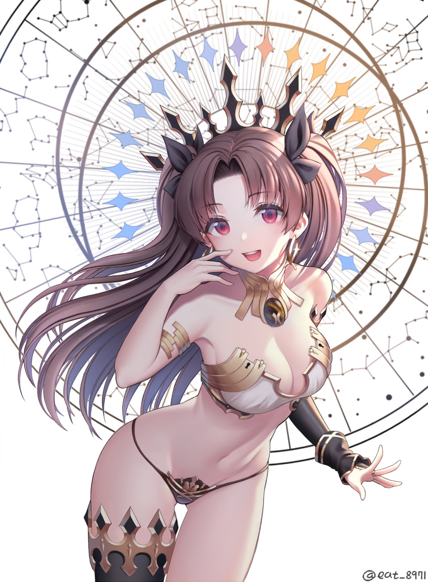 1girl :d anklet asymmetrical_legwear asymmetrical_sleeves bangs bare_shoulders black_hair blush breasts bridal_gauntlets choker crown detached_collar earrings eat_8971 elbow_gloves fate/grand_order fate_(series) glint gloves hair_ribbon hand_up highres hoop_earrings ishtar_(fate/grand_order) jewelry long_hair looking_at_viewer medium_breasts navel open_mouth parted_bangs red_eyes ribbon single_elbow_glove single_thighhigh smile solo stomach thigh-highs twitter_username two_side_up