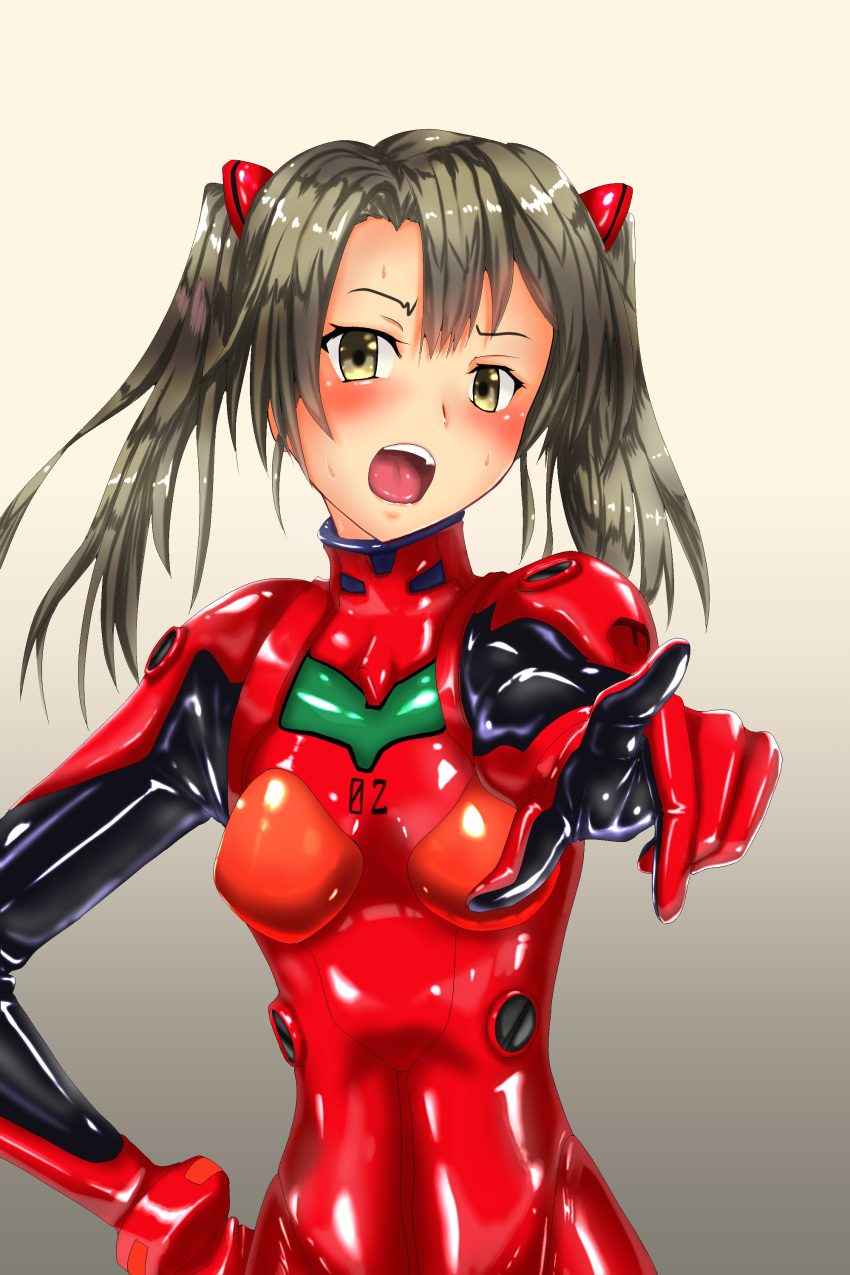 1girl absurdres bodysuit breasts cosplay highres kantai_collection latex looking_at_viewer neon_genesis_evangelion open_mouth parazan_d pointing pointing_at_viewer red_bodysuit simple_background small_breasts souryuu_asuka_langley standing zuikaku_(kantai_collection)