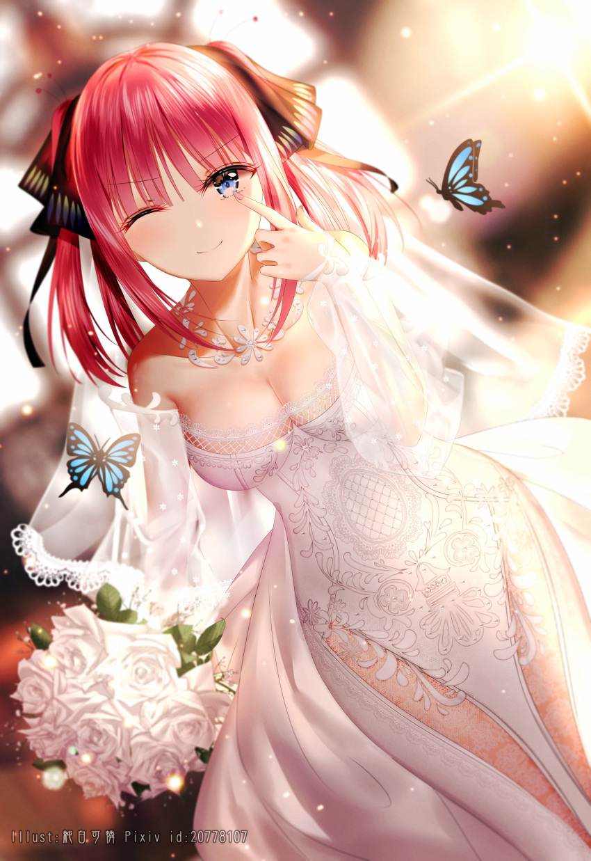 1girl ;) absurdres bangs bare_shoulders blue_eyes blush bouquet breasts bridal_veil bride bug butterfly cleavage collarbone dress dutch_angle eyebrows_visible_through_hair finger_to_eye flower go-toubun_no_hanayome hair_ornament hair_ribbon highres holding holding_bouquet insect junpaku_karen large_breasts light_particles long_hair long_sleeves looking_at_viewer nakano_nino one_eye_closed pink_hair redhead ribbon sidelocks smile solo veil wedding_dress white_dress