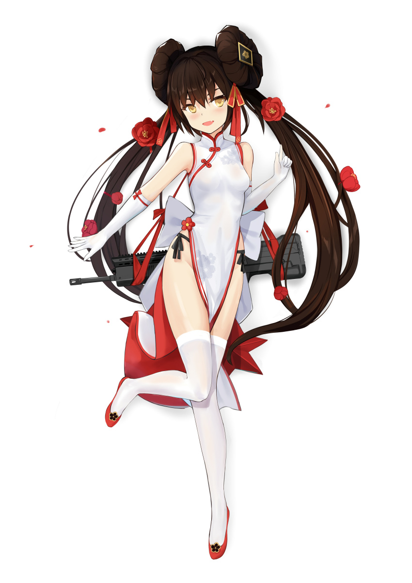 1girl :d absurdres bangs bare_shoulders black_panties blush brown_hair china_dress chinese_clothes commentary_request double_bun dress elbow_gloves fang flower full_body girls_frontline gloves hair_flower hair_ornament hair_ribbon hand_up head_tilt highres index_finger_raised leg_up long_hair looking_at_viewer open_mouth panties pelvic_curtain qbz-97 qbz-97_(girls_frontline) qianqiu_wanxia red_flower red_footwear red_ribbon ribbon side-tie_panties side_slit simple_background sleeveless sleeveless_dress smile solo thigh-highs thighs twintails underwear very_long_hair white_background white_dress white_gloves white_legwear yellow_eyes