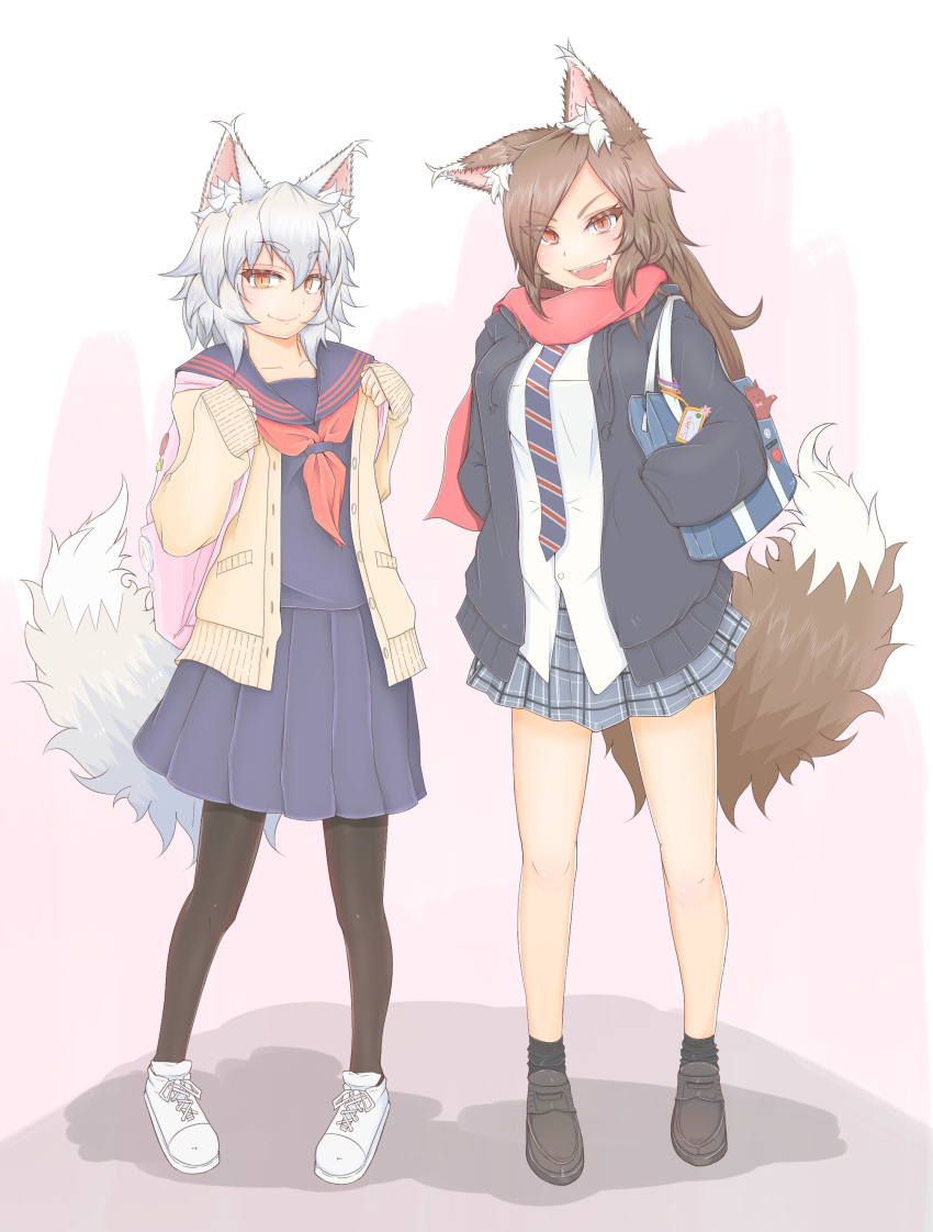 2girls :d absurdres alternate_costume alternate_eye_color animal_ear_fluff animal_ears backpack bag bangs beige_jacket black_footwear black_jacket black_legwear blue_neckwear blue_serafuku blue_skirt breasts brown_hair cardigan collarbone commentary_request contemporary cube85 drawstring eyebrows_visible_through_hair eyes_visible_through_hair fangs full_body hair_between_eyes hands_in_pockets highres hood hooded_jacket imaizumi_kagerou inubashiri_momiji jacket loafers long_sleeves looking_at_viewer medium_breasts multiple_girls neckerchief necktie open_clothes open_jacket open_mouth orange_eyes pantyhose pink_background plaid plaid_skirt pleated_skirt red_neckwear red_scarf scarf school_bag school_uniform serafuku shadow shirt shoes short_hair silver_hair skirt skirt_set sleeves_past_wrists smile sneakers socks standing striped striped_neckwear tail thighs touhou two-tone_background white_background white_footwear white_shirt wolf_ears wolf_tail