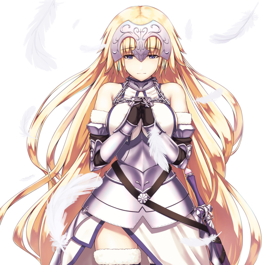1girl armor armored_dress bangs bare_shoulders black_gloves blonde_hair blue_eyes braid closed_mouth commentary_request cowboy_shot enchuu eyebrows_visible_through_hair falling_feathers fate/apocrypha fate/grand_order fate_(series) faulds fur_trim gauntlets gloves hands_clasped headpiece highres jeanne_d'arc_(fate) jeanne_d'arc_(fate)_(all) long_hair own_hands_together plackart sheath standard_bearer sword thigh-highs very_long_hair weapon