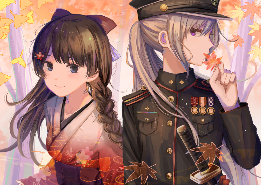 2girls absurdres autumn_leaves bangs black_coat black_hair black_hat blue_eyes blurry blush bow braid breast_pocket breasts buttons closed_mouth commentary_request depth_of_field epaulettes eyebrows_visible_through_hair eyelashes flower gradient hair_bow hair_flower hair_ornament hairclip hat highres higuchi_kaede holding holding_leaf ibuki_(ibuki0118) japanese_clothes katana kimono leaf long_hair long_sleeves looking_at_viewer looking_to_the_side maple_leaf medal military military_uniform mole mole_under_eye multiple_girls nijisanji obi peaked_cap pocket ponytail profile red_bow red_flower red_kimono sash seigaiha sheath sheathed sidelocks silver_hair single_braid small_breasts smile sword tsukino_mito uniform upper_body violet_eyes virtual_youtuber weapon