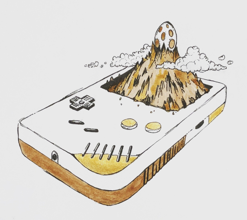 clouds egg game_boy handheld_game_console limited_palette mountain nintendo no_humans simple_background the_legend_of_zelda the_legend_of_zelda:_link's_awakening traditional_media white_background willowstration
