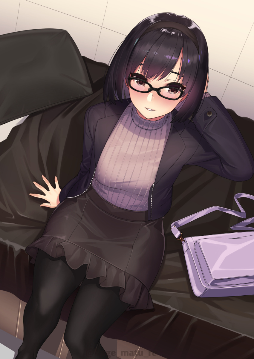 1girl arm_support bag bed black-framed_eyewear black_hair black_jacket black_legwear blazer blush breasts brown_eyes brown_skirt frilled_skirt frills from_above glasses hairband hand_behind_head handbag highres jacket kagematsuri long_sleeves looking_up miniskirt on_bed open_clothes open_jacket original pantyhose pillow ribbed_sweater sitting sitting_on_bed skirt smile solo sweater twitter_username wing_collar