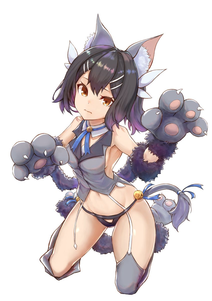 1girl absurdres animal_ears bangs bare_shoulders bell black_hair black_panties blue_ribbon blush breasts brown_eyes cat_ears cat_paws cat_tail crop_top detached_collar fate/kaleid_liner_prisma_illya fate_(series) feathers fifty1202 fur_trim gloves grey_gloves grey_legwear hair_feathers hair_ornament hairclip highres hips jingle_bell kaleidostick kneeling long_hair looking_at_viewer magical_sapphire miyu_edelfelt navel neck_ribbon open_mouth panties paw_gloves paw_shoes paws ribbon shoes simple_background small_breasts solo tail thigh-highs thighs twintails underwear wand white_background