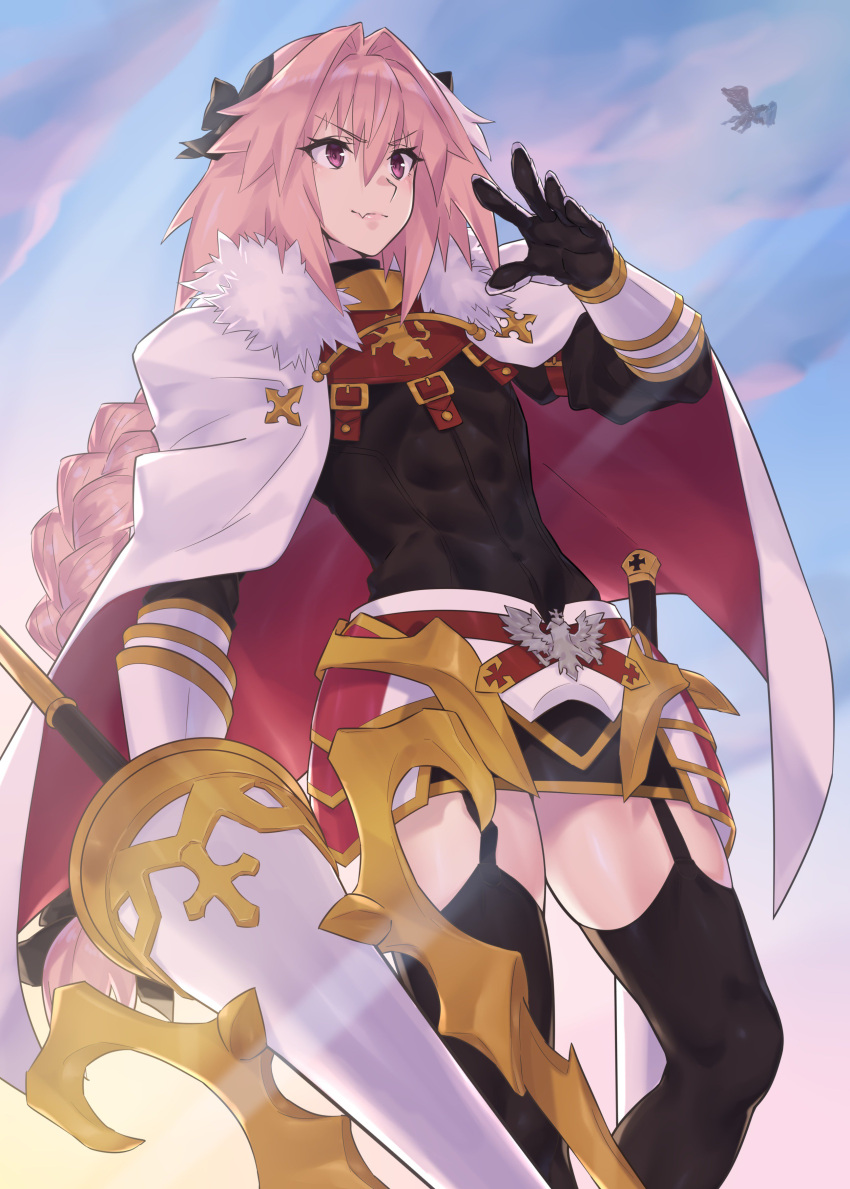 1boy abs absurdres astolfo_(fate) black_bow black_legwear black_ribbon black_skirt bow braid covered_navel fang fate/apocrypha fate/grand_order fate_(series) fur-trimmed_cloak fur_collar garter_straps hair_intakes hair_ribbon highres impossible_clothes long_braid long_hair male_focus mizuumi_(bb) multicolored_hair pink_hair polearm red_sailor_collar ribbon sailor_collar single_braid skin_tight skirt streaked_hair trap two-tone_hair violet_eyes weapon white_cloak white_hair