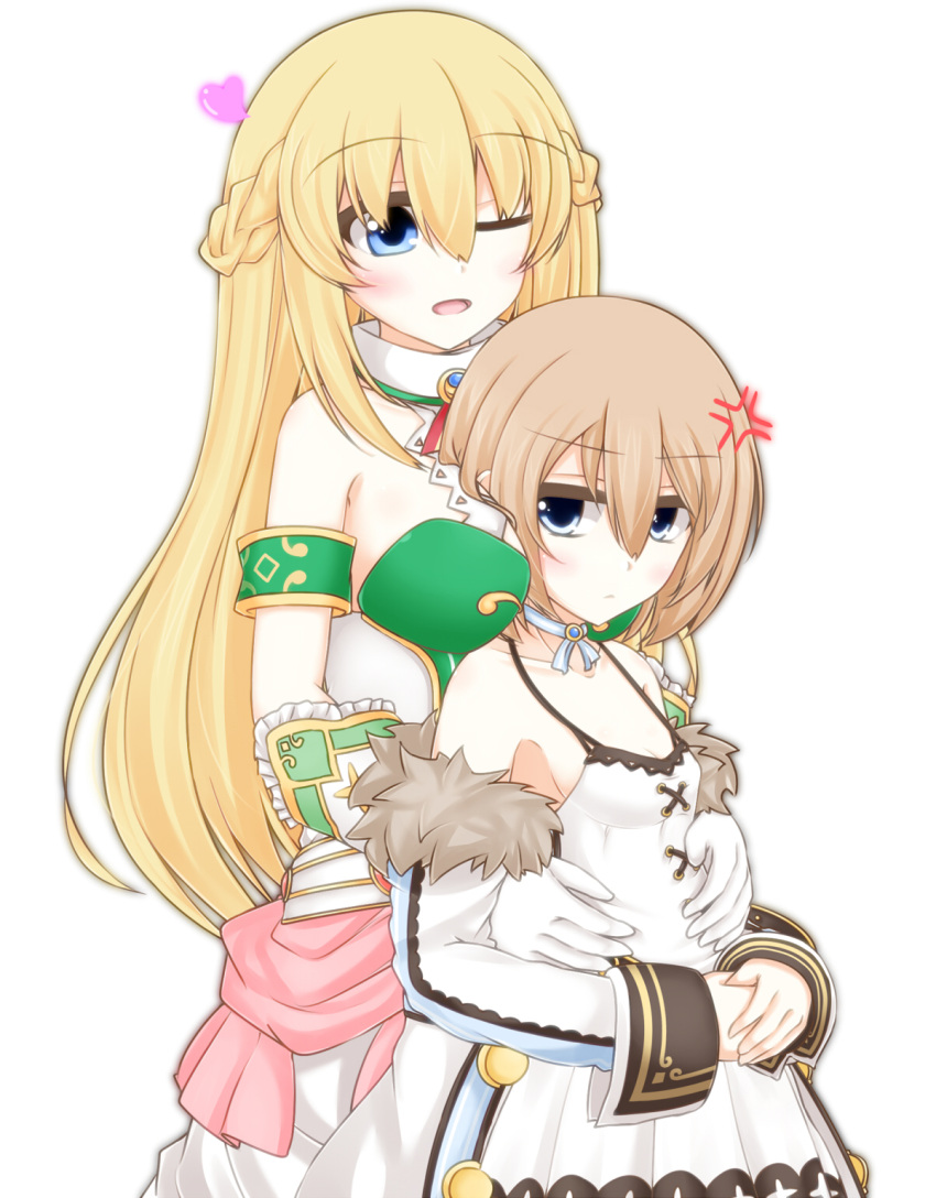 2girls ;o amo_chenbe anger_vein armband bare_shoulders between_breasts blanc blonde_hair blue_eyes blush breast_envy breasts brown_hair choker commentary_request dress eyebrows_visible_through_hair fur-trimmed_jacket fur_trim gloves head_between_breasts heart height_difference highres hug hug_from_behind jacket large_breasts light_frown long_hair multiple_girls neptune_(series) off_shoulder one_eye_closed open_mouth own_hands_together ribbon_choker short_hair small_breasts spaghetti_strap standing vert white_dress white_jacket