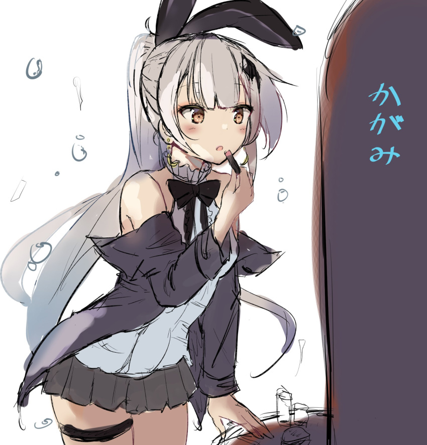 1girl :o animal_ears bangs black_jacket black_neckwear black_skirt blouse blush bow bowtie breasts brown_eyes bubble bunny_hair_ornament crescent crescent_earrings earrings eyebrows_visible_through_hair five-seven_(girls_frontline) girls_frontline hair_between_eyes hair_ornament high_ponytail highres holding holding_lipstick_tube jacket jewelry lipstick lipstick_tube long_hair long_ponytail looking_at_mirror makeup medium_breasts mirror off_shoulder ponytail rabbit_ears silver_hair skirt staring thigh_strap white_blouse zengi