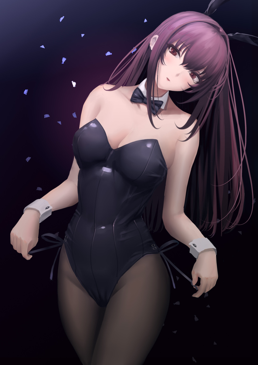 1girl absurdres animal_ears black_background black_legwear black_leotard black_neckwear bow bowtie breasts bunny_girl bunnysuit cowboy_shot detached_collar fate/grand_order fate_(series) head_tilt highres leotard long_hair looking_at_viewer medium_breasts pantyhose purple_hair rabbit_ears red_eyes scathach_(fate)_(all) scathach_(fate/grand_order) snipercat solo strapless strapless_leotard wrist_cuffs