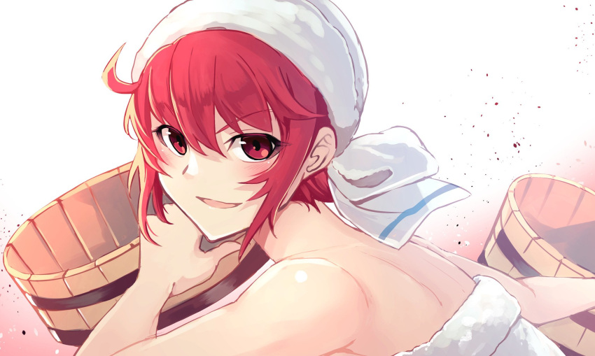1girl bucket fire_emblem fire_emblem_heroes fire_emblem_if highres hinoka_(fire_emblem_if) nakabayashi_zun naked_towel nintendo parted_lips red_eyes redhead short_hair simple_background solo towel towel_on_head wooden_bucket