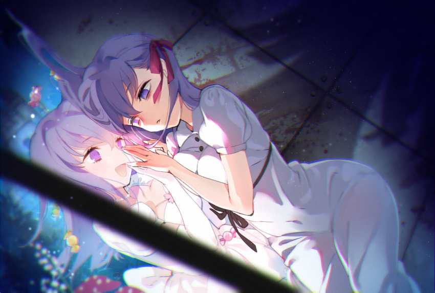 1girl :d black_ribbon breasts cleavage commentary_request dress elbow_gloves empty_eyes fate/stay_night fate_(series) gloves hair_ribbon heaven's_feel large_breasts long_hair lying matou_sakura miya_(ete) on_side open_mouth purple_hair red_ribbon reflection ribbon shadow smile solo violet_eyes white_dress white_gloves