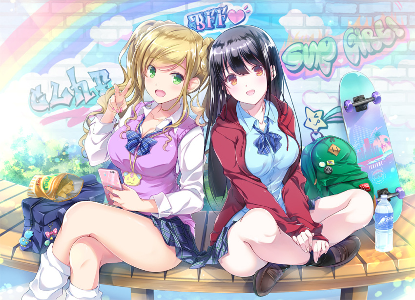 2girls :d backpack bag bangs bench black_hair black_legwear blonde_hair blue_neckwear blue_shirt blue_skirt blush bottle bow bowtie braid breasts brick_wall brown_eyes brown_footwear buttons cellphone chips cleavage collarbone collared_shirt commentary_request day drawstring dress_shirt duffel_bag food graffiti green_eyes hand_up head_tilt heart holding holding_phone hood hood_down hooded_jacket indian_style jacket jewelry large_breasts legs_crossed loafers long_hair long_sleeves looking_at_viewer loose_socks miniskirt multiple_girls nail_polish necklace open_mouth original phone pink_nails plaid plaid_skirt pleated_skirt potato_chips purple_vest rainbow red_jacket satou_satoru school_bag school_uniform shirt shoes sidelocks sitting skateboard skirt sleeves_past_wrists smile socks star striped striped_neckwear thighs twintails v vest water_bottle wavy_hair white_legwear white_shirt