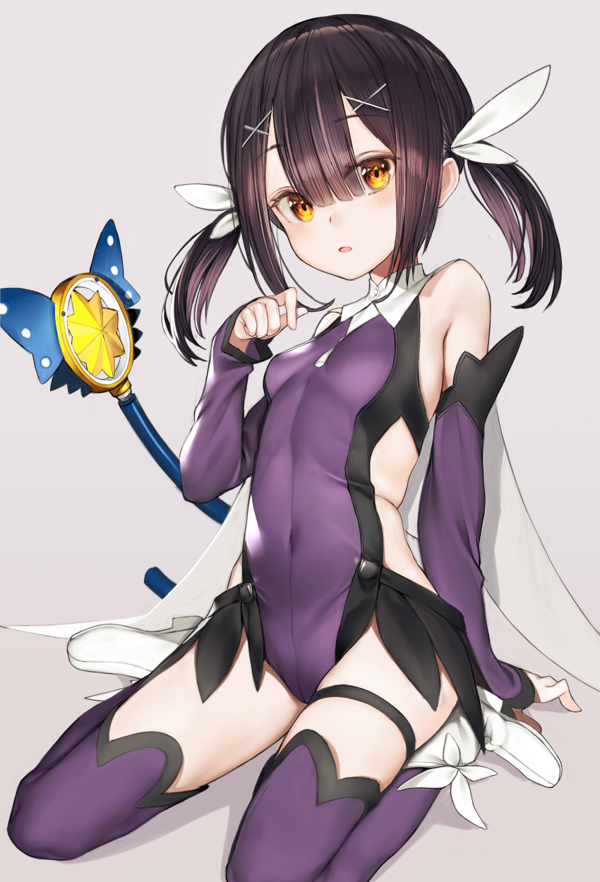1girl absurdres bangs bare_shoulders black_hair blunt_bangs blush boots breasts brown_hair commentary_request detached_sleeves eyebrows_visible_through_hair fate/grand_order fate/kaleid_liner_prisma_illya fate_(series) feathers grey_background hair_between_eyes hair_ornament hair_ribbon hairclip hand_up highres kaleidostick leotard long_hair long_sleeves looking_at_viewer magical_girl magical_sapphire miyu_edelfelt nyatabe orange_eyes parted_lips purple_legwear purple_leotard ribbon simple_background sitting sleeves_past_wrists small_breasts solo thigh-highs twintails wand wariza white_footwear white_ribbon x_hair_ornament