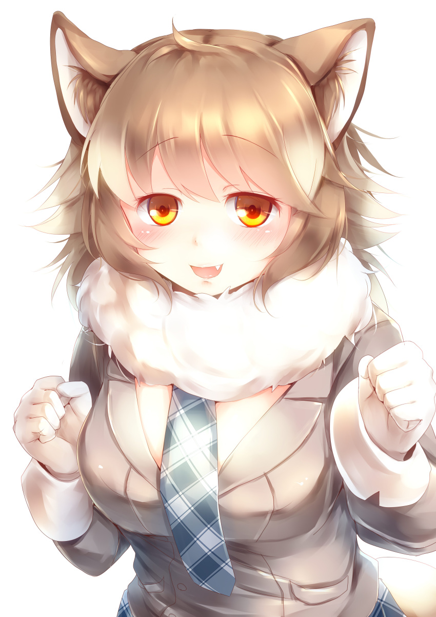 1girl absurdres animal_ears blush breasts brown_hair eyebrows_visible_through_hair fang fur_collar gloves highres italian_wolf_(kemono_friends) kanzakietc kemono_friends large_breasts long_hair looking_at_viewer multicolored_hair necktie open_mouth plaid plaid_neckwear pleated_skirt simple_background skirt solo tail white_background white_gloves white_hair wolf_ears wolf_girl wolf_tail