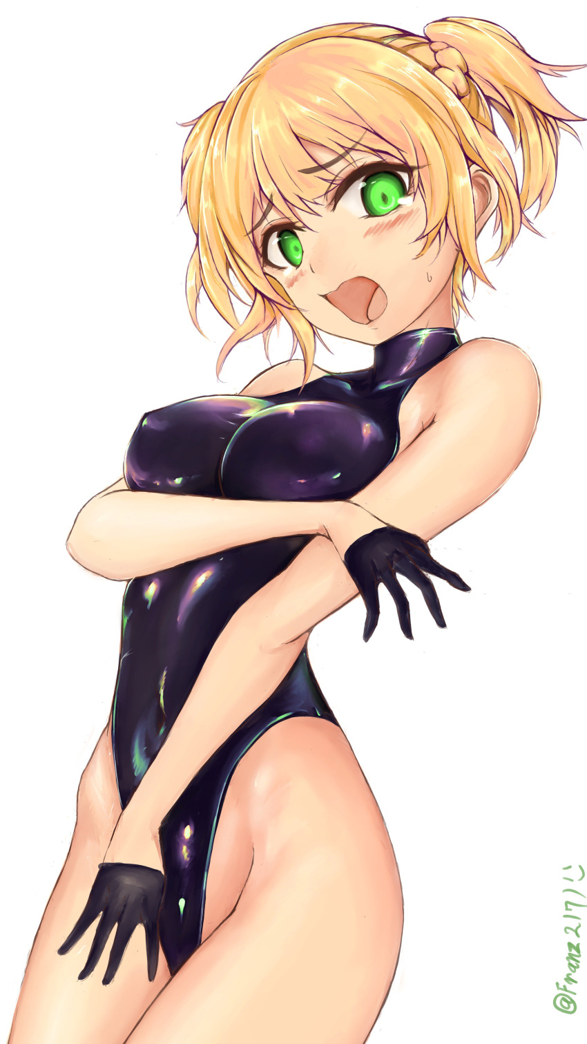 1girl absurdres black_gloves black_leotard blonde_hair commentary_request covered_navel cowboy_shot franz_(217franz) girls_frontline gloves green_eyes half_gloves highleg highleg_leotard highres leotard looking_at_viewer open_mouth shiny shiny_clothes short_hair simple_background skin_tight solo surprised turtleneck twintails twitter_username welrod_mk2_(girls_frontline) white_background