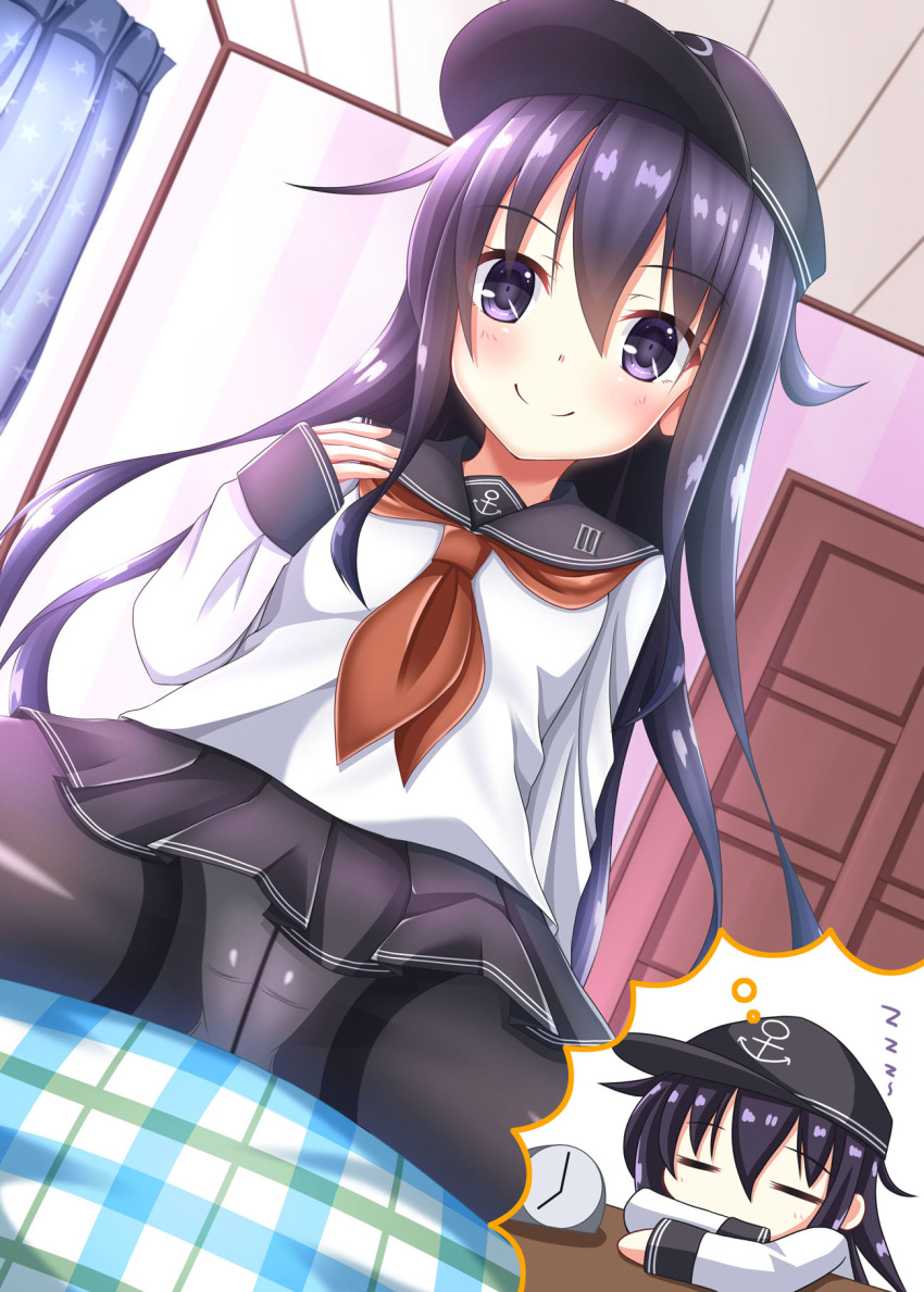 1girl akatsuki_(kantai_collection) alarm_clock anchor_symbol badge bed bedroom black_legwear black_sailor_collar blanket blush clock closed_mouth curtains door dreaming eyebrows_visible_through_hair flat_cap hair_between_eyes hat highres indoors kantai_collection long_hair long_sleeves looking_at_viewer messy_hair neckerchief on_bed panties panties_under_pantyhose pantyhose pleated_skirt purple_hair red_neckwear sailor_collar school_uniform serafuku sitting skirt sleeping spread_legs underwear violet_eyes white_panties yuuki_miyabi