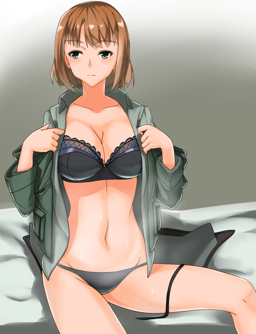 1girl blonde_hair bra brave_witches breasts green_eyes grey_background grey_panties groin gundula_rall highres hiroshi_(hunter-of-kct) lace lace-trimmed_bra large_breasts navel on_bed open_clothes panties partially_undressed sitting sitting_on_bed solo strike_witches underwear world_witches_series