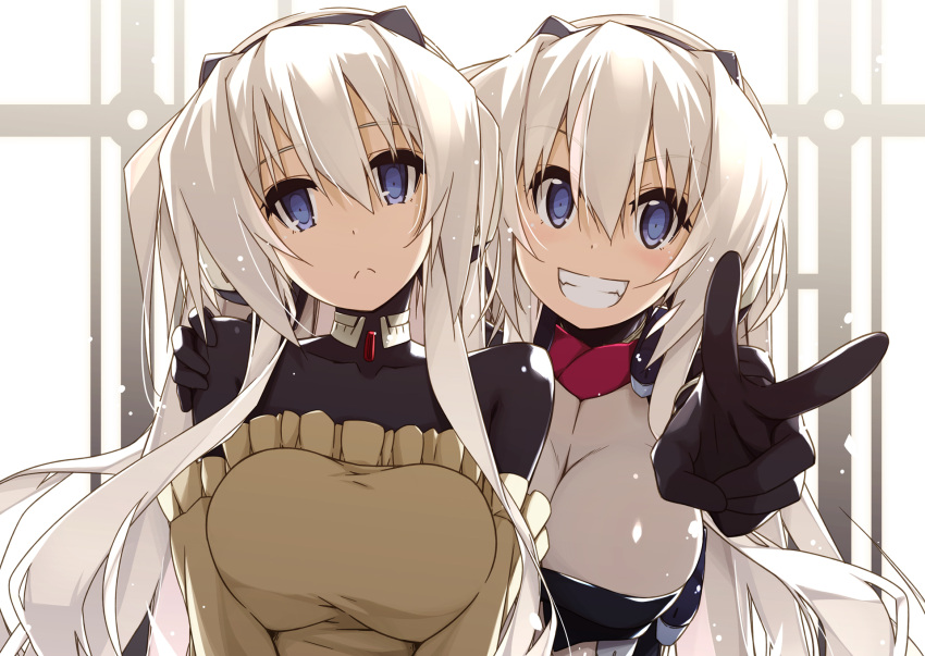 2girls :&lt; bangs black_bodysuit blue_eyes blush bodysuit breasts cleavage collarbone detached_sleeves dual_persona eyebrows_visible_through_hair frills frown grin hair_between_eyes hand_on_another's_shoulder headband highres horizon_ariadust kyoukaisenjou_no_horizon large_breasts long_hair multiple_girls shikei silver_hair skin_tight smile sweater v window